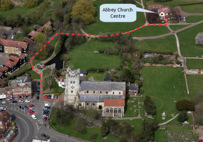 Aerial view of Waltham Abbey Church with directions to Abbey Church Centre